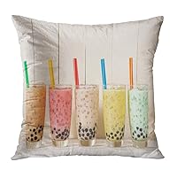 Throw Pillow Decor Square Bubbles Boba Bubble Tea Homemade Various Milk Tea with Pearls on Wooden Table 20x20 Inch Decorative Cushion Cover Printed Pillowcase Cover Home Sofa Living Room