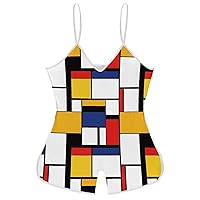 Mondrian Style Funny Slip Jumpsuits One Piece Romper for Women Sleeveless with Adjustable Strap Sexy Shorts