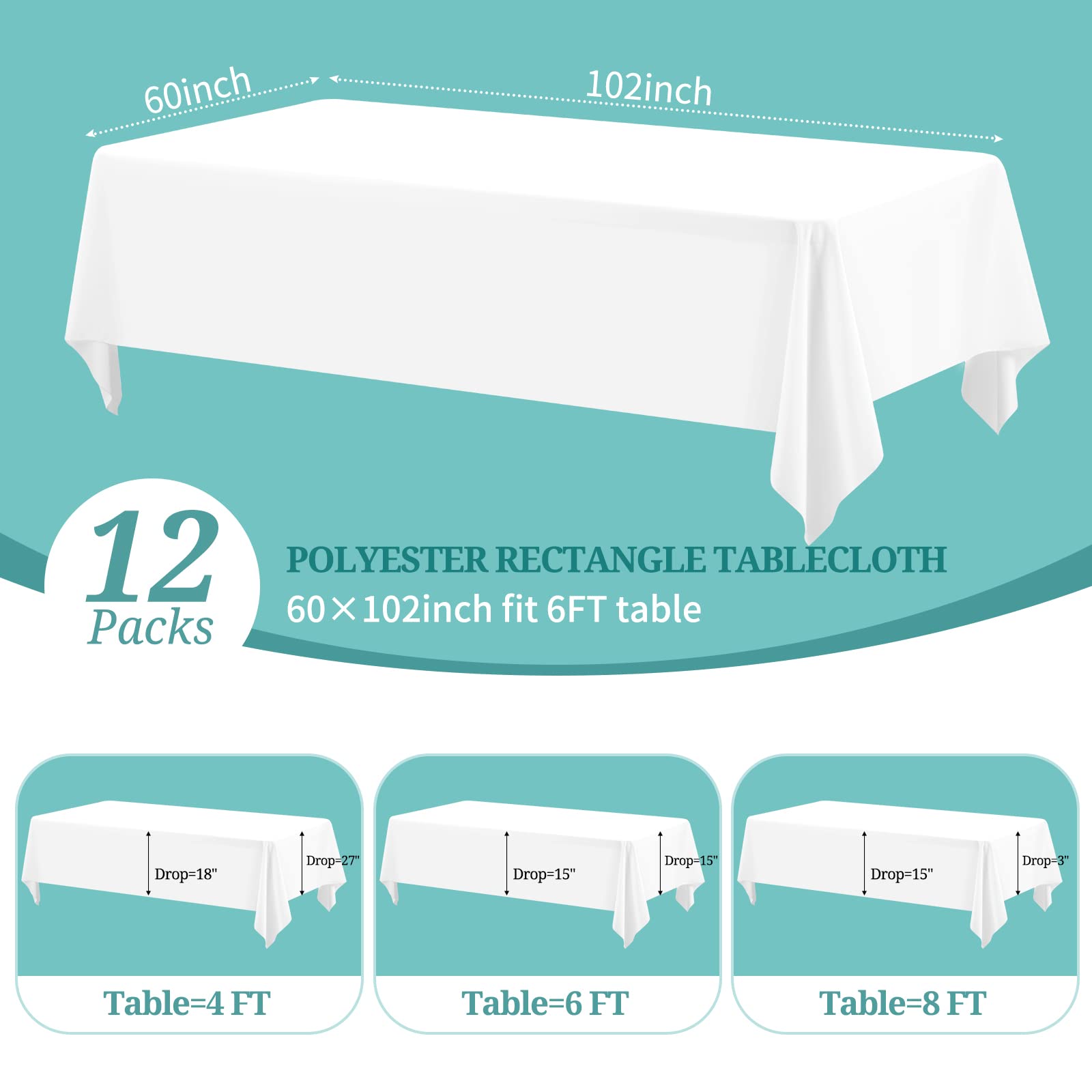 Pesonlook 12 Pack White Polyester Tablecloth-60 x 102 Inch White Rectangle Tablecloth for 6 Ft Rectangle Tables,Washable Fabric Table Cover for Wedding/Buffet Party/Dining Table/Events