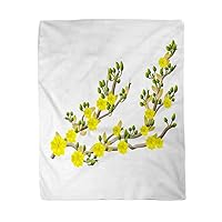 50x60 Inches Throw Blanket Green Yellow Apricot Flower Traditional Lunar New Year Warm Cozy Print Flannel Home Decor Comfortable Blanket for Couch Sofa Bed