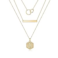 Layered Initial Necklaces for Women, 14K Gold Plated Bar Necklace Dainty Layering Hexagon Letter Pendant Necklace Infinity Circles Necklace Gold Layered Necklaces for Women Gold Jewelry Gifts