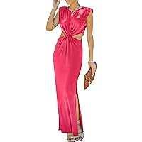 Prinbara Womens Side Cutout Padded Shoulder Summer Long Bodycon Dress Sleeveless Slit Club Party Maxi Dresses