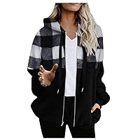 Womens Plaid Hoodies Jacket Fashion Full Zip Fleece Sweatshirt Casual Track Jackets Trendy Fall Outerwear Clothes