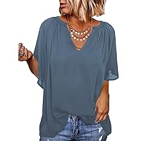 Dokotoo Womens Chiffon Blouses Casual Solid Bell Sleeve Shirt Loose V Neck Pleated Tunic Tops