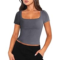 Zeagoo Women's Short Sleeve Square Neck T Shirt Slim Fitted Casual Basic Crop Top Going Out Tops
