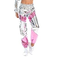 Women's Metallic Rave Pants High Waist Stretchy Jogger Streetwear Wet Look Hip Hop Club Wear Holographic Sweatpants