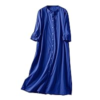 Women's Button Down Vintage 3/4 Sleeve Linen Dresses Casual Loose Long Shirt Dress 2023 Fall Pleated Flowy Midi Dress