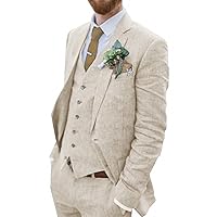 Retro Linen Men Suit Beach Wedding Suit Summer Slim Fit 3 Pieces Light Weight Linen Suit Jacket Vest Pant Tuxedo