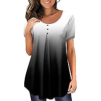 Womens Plus Size Tunic Tops Round Neck Short Sleeve Womens Button Up Shirts Printing Ruched Elegant Tops for