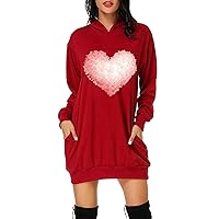 Women's Long Sleeve Dress Fashion Valentine's Day Letter Print Hooded Pockets Sweatshirt Dress Sexy, S-2XL