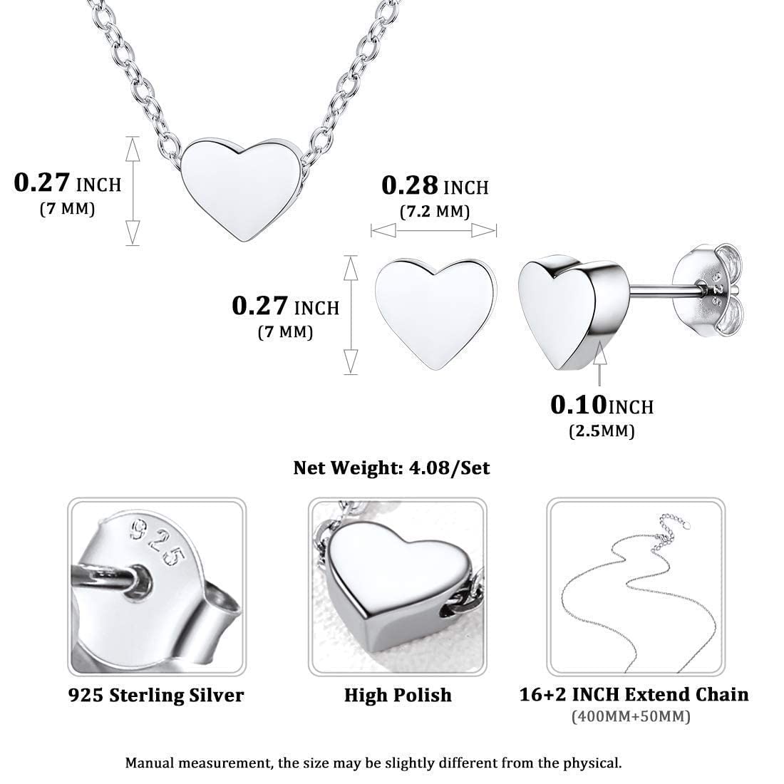 ChicSilver Women 925 Sterling Silver Jewelry Set, Simple Dainty Heart Necklace and Stud Earrings Sets for Women Teen Girls