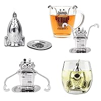 WSERE 4 Pack Extra Fine Mesh Stainless Steel Tea Infusers Strainers Loose Tea Filters, Reusable Rocket Robot Shaped Metal Tea Strainer & Steeper with Chain and Drip Tray for Loose Leaf Tea Herb Spice