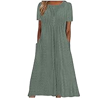 Women Hollow Eyelet Shirt Dress Summer Short Sleeve Crewneck A-Line Dress Casual Loose Beach Long Dress with Pockets
