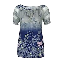Women Mesh Lace Hollow Out Puff Short Sleeve Shirts Fashion Casual V-Neck Tie Floral Printed Tops Loose Tunic Blouse