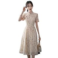 Elegant Waist Embroidery,Retro Cheongsam Dress,Floral A Line Dress with Short Sleeves for Middle,Aged Women
