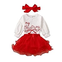 Infant Girls Christmas 3 Pieces Letter Print Pullover Sweater And Red Puffy Mesh Skirt With Baby Girl Long Sleeve