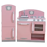 KidKraft Retro Wooden Play Kitchen and Refrigerator 2-Piece Set with Faucet, Sink, Burners and Working Knobs, Pink, Gift for Ages 3+