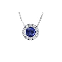 14k Gold Halo Cluster Pendant Necklace Blue Sapphire with 12 Sparkling Precious Round Diamonds (H-I Color I1 Clarity) 18