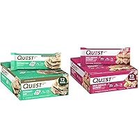 Quest Nutrition Peppermint Bark Protein Bar, 21g Protein, 4g Net Carb, 1g Sugar, Gluten Free, 12 Count & White Chocolate Raspberry Protein Bars, High Protein, Low Carb, Gluten Free