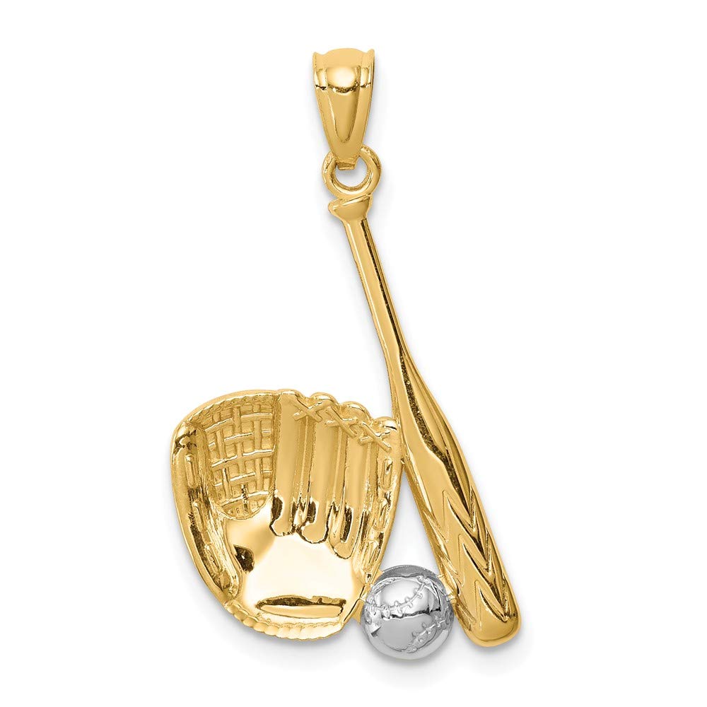 Mens 14K Yellow Gold and Rhodium-Plating Baseball Glove, Bat & Ball Pendant