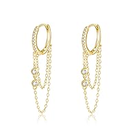 Solid 925 Sterling Silver Chain Drop Earrings Hoop for Women Teen Girls CZ Hoop Chain Earrings Dangle