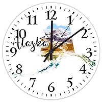 10 inch Silent Non-Ticking Wall Clocks Battery Operated Alaska Wooden Wall Decor for Hotel US City State Pride Patriotic Retro Round Wooden Wall Clock Country for Exercise Room Restroom
