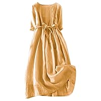Women's Casual Art Floral Print Button Midi Cotton Linen Loose Dress Drawstring Tunic Flowy Lightweight Pleated Dress
