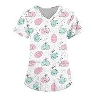 Easter Printed Tee Womens Tshirt Short Sleeve Tops Daily Shirt V-Neck Workwear Casual Blouse with Pockets Fashion Tunic