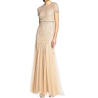 Adrianna Papell Women's Short-Sleeve Grid Beaded Gown
