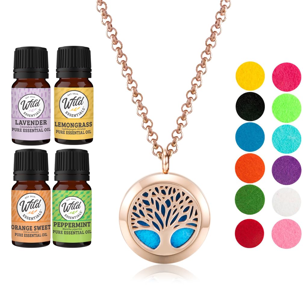 Wild Essentials Rose Gold Tree of Life Necklace Essential Oil Diffuser Kit, Lavender, Lemongrass, Peppermint, Orange Oils, 12 Refill Pads, Calming Aromatherapy Gift Set, Customizable Color Changing