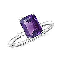 Natural Amethyst Emerald Cut Ring for Women Girls in Sterling Silver / 14K Solid Gold/Platinum