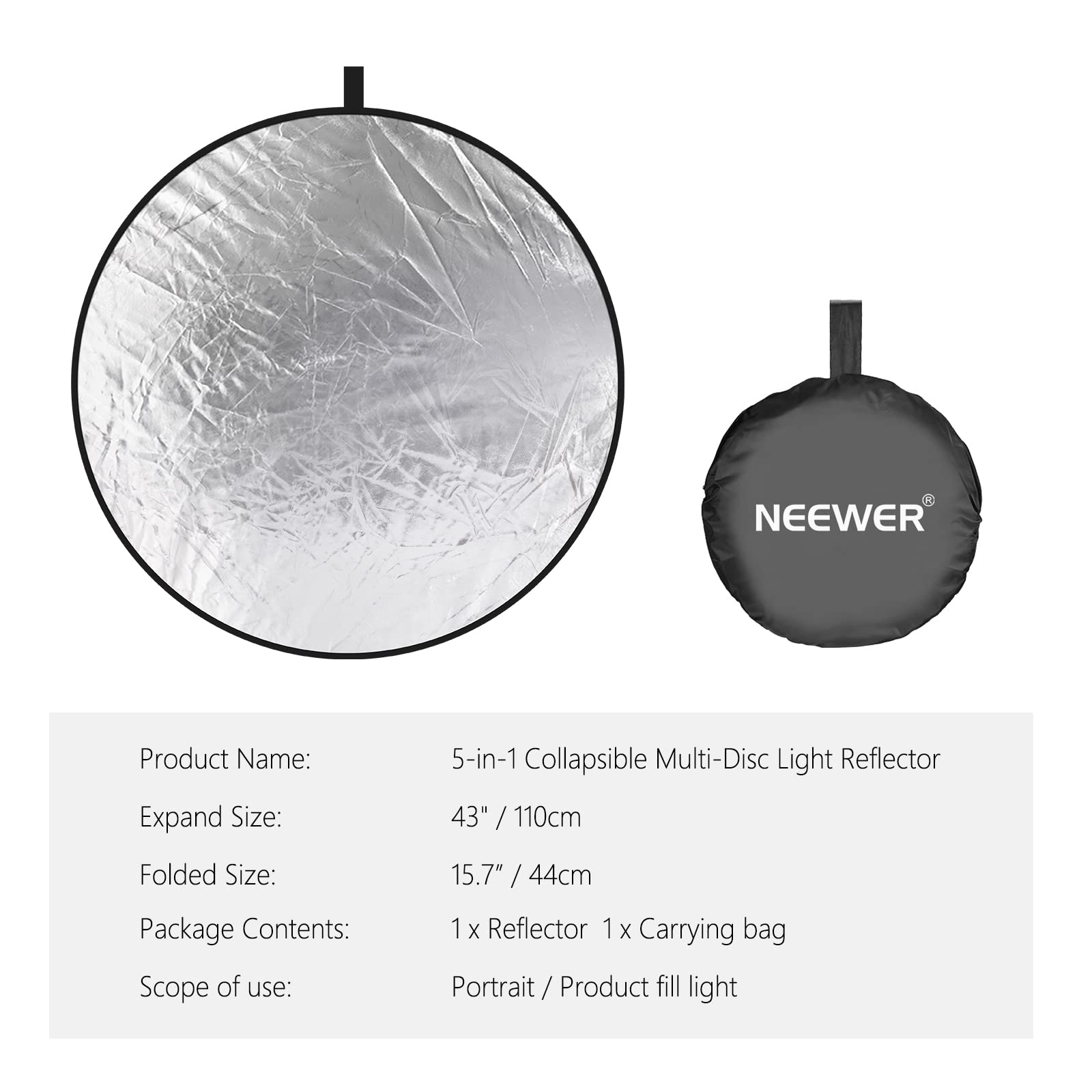 NEEWER 43 Inch/110 Centimeter Light Reflector Light Diffuser 5 in 1 Collapsible Multi Disc with Bag - Translucent, Silver, Gold, White, and Black for Studio Photography Lighting and Outdoor Lighting