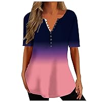ZunFeo Womens Summer Button Shirts Short Sleeve Flowy Tshirt Shirts Gradient Tunic Tees Loose Fit Boho Workout Travel Clothes