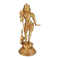 AmiLuv_Collections Brass Lord Murugan Kartikeya Murugana Kumaraswamy Karthikeya Standing on Round Pedestal Idol Swaminatha Skanda Murti Swami Ji Subrahmanya Swamy Gold Color Height 10 Inch
