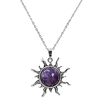 Amethyst Necklace, Sun Necklace for Women, Reiki Round Purple Crystal Paved Sun Pendant Necklace, Natural February Birthstone Necklace for Spirit Jewelry Birthday Christmas Gift