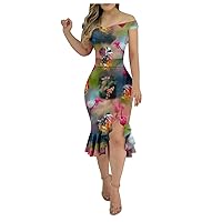 Womens Midi Dress, Prom Dress Plus Size Plus Size Formal Dresses for Women Off Shoulder Dress Womens Outdoor 2024 Midi A-Line Irregular Hem Weekend Backless Printing Tighttrendy (Multicolor,Small)