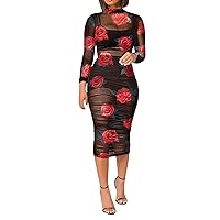 Women 3PCS Crop Top Short Skirt Set With Tropical Print Sheer Mesh Bodycon Long Dress plus Size Maxi Dress