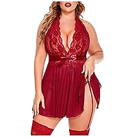Plus Size Sexy Lingerie Outfits for Women, Cute Bow See Through Low Cut Halter Lace Dress Nightdress Babydoll Underwear
