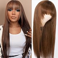 Beauty Forever Color Wig #4 Chocolate Brown Straight Human Hair Wigs with Bangs,Affordable Layer Cut Straight Glueless Dark Brown Full Machine Made None Lace Wig With Bangs 150% Density 12inch