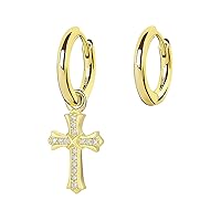 KRKC&CO Cross Earrings for Men, Sterling Silver Earrings, Dangle Earrings, Hypoallergenic Urban Street-wear 15mm Round Gold Hoop Hinged Hanging Earrings