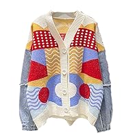 Autumn Winter Cardigan Women Denim Spliced Sweater Jacket V-Neck Patchwork Knit Coat Loose Sweaters Female