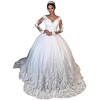 Sequins V-Neck Long Sleeves Wedding Dresses for Bride 2022 Plus Size Lace Bridal Ball Gowns with Train