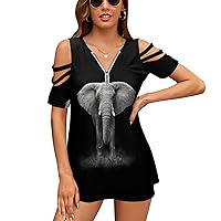 Africa Elephant Womens Cold Shoulder Tops Short Sleeve V Neck Blouses T Shirts Tees Casual Dress Top