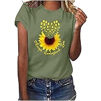 Women Sunflower&Heart Graphic Inspirational T-Shirts Summer Short Sleeve Crewneck Casual Loose Fit Fashion Tee Tops