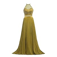 Two Pieces Prom Dress Pearls Halter Long Formal Evening Gowns