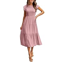 Summer Maxi Dress for Women 2024 Flowy Casual Cap Sleeve V Neck Smocked Beach Sundress Flutter Loose Tiered Dress