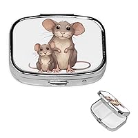 Mother and Child Rats Print Pill Box Square Pill Case 3 Compartment Mini Medicine Storage Box for Vitamins Portable Pill Organizer Metal Travel Pillbox Pill Container for Pocket Purse Office
