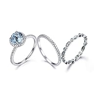 3pcs Aquamarine Engagement Ring Set,7mm Round Blue Gemstone Halo Eternity Bridal Matching Band White Gold