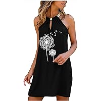 Women's Bohemian Swing Dress Casual Summer Foral Print Hawai Flowy Sleeveless Knee Length Beach Round Neck Trendy Black
