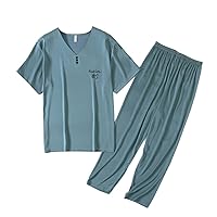 Men Silk Pajamas Short Sets Short Sleeves V-neck Sleepwear Set Summer Soft Casual Loungewear Sets for Mens